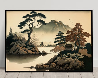 Wall Poster of a Japanese Lake with Temples and Mountain View, Japanese Art Style Illustration, Landscape Wall Decoration