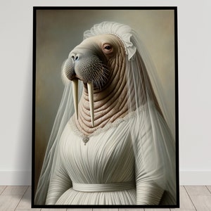 Portrait of a Walrus wearing a Wedding Dress, Animal Wall Decor, Walrus Mariage Poster, Bride Wall Art, Funny Frame, Unique Gift