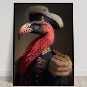 Ritratto di un fenicottero rosa in uniforme militare, decorazione murale di animali, poster di uccelli eroici, stampa murale, arte murale