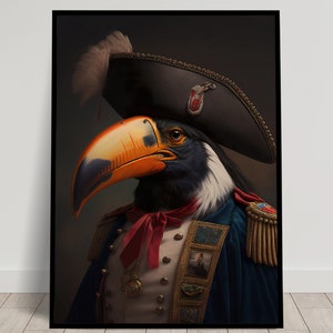 Ritratto di un tucano in uniforme militare, stampa murale tucano eroico, dipinto antico, poster di uccelli vintage