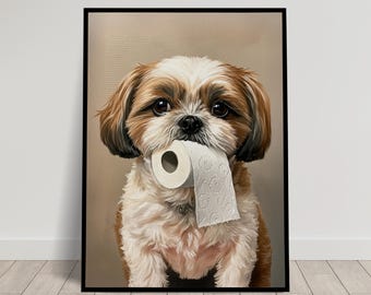 May include: A brown and white Shih Tzu dog with a playful expression holds a white toilet paper roll in its mouth. The dog is painted in a realistic style against a light brown background.