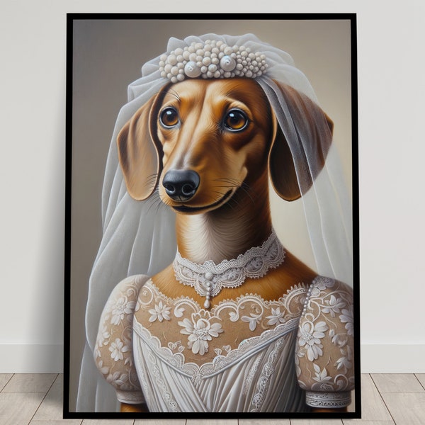 Portrait d'une Teckel en Robe de Mariée, Décoration murale animaux, Poster Teckel Mariage, Affiche murale mariée, Cadre humoristique