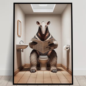 Photograph of an Anteater reading the newspaper on the Toilet, Funny Bathroom Decor, Bathroom Wall Art, WC Toilet Poster, Unique Gag Gift