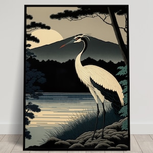 Japanisches Kranich-Wandposter bei Sonnenaufgang, Poster im japanischen Kunststil, asiatische Wanddekoration, japanische Wandkunst, Poster zum Einrahmen
