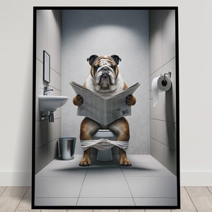 Foto di un Bulldog inglese che legge il giornale sul water, decorazione umoristica per la toilette, cornice decorativa per il bagno, poster per la toilette, regalo divertente