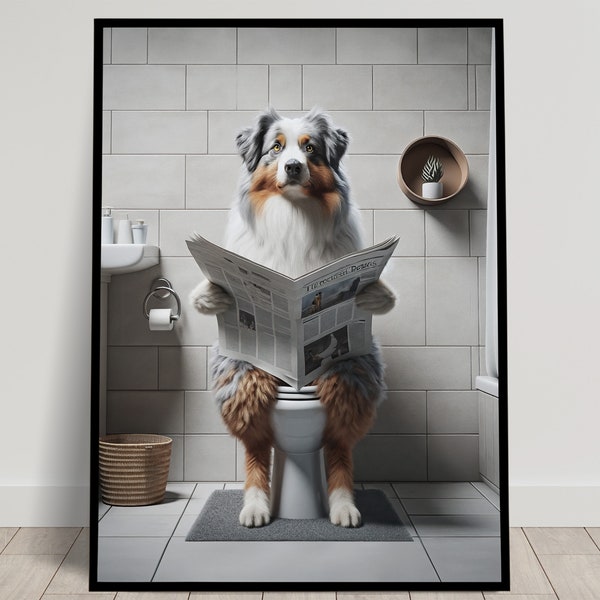 Photograph of an Australian Shepherd reading the newspaper on the Toilet, Fun Bathroom Decor, Bathroom Wall Art, WC Toilet Poster, Gag Gift