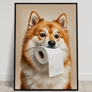 Pomeranian with toilet paper roll in mouth, Toilet Humor, Pomeranian Gifts, Bathroom Print, Dog Lover Gift, WC Wall Art, Framed Print