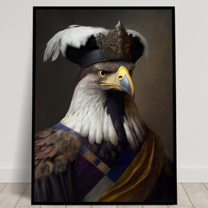 May include: A portrait of a bald eagle wearing a crown and a white and gold robe. The eagle has a serious expression and is looking directly at the viewer.