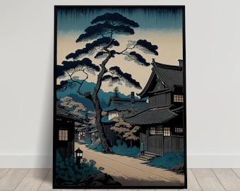 Blue Japanese Village Wall Poster, Japanese Art Style Illustration, Japanese ukiyo-e Poster, Japanese Village Print, Wall Art