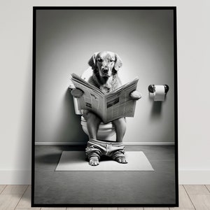 May include: A black and white photograph of a dog sitting on a toilet and reading a newspaper.