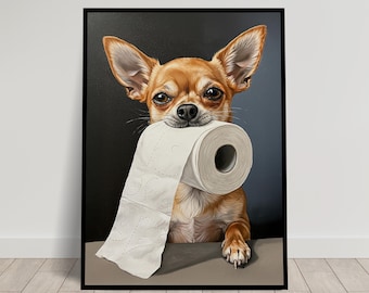May include: A brown and white chihuahua dog holding a roll of white toilet paper in its mouth. The dog is looking directly at the viewer with a playful expression.