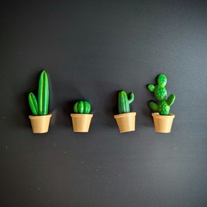 Könnte beinhalten: Fünf kleine Kakteen in Töpfen in verschiedenen Formen und Größen. Die Kakteen sind grün und die Töpfe sind braun.