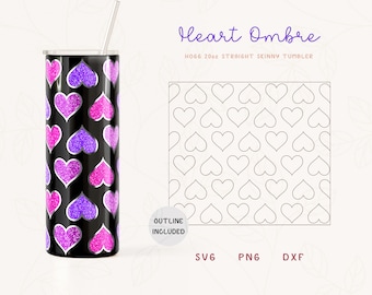 May include: A 20oz straight skinny tumbler with a black background and a pattern of pink and purple glitter hearts. The text "Heart Ombre" and "20oz Straight Skinny Tumbler" is printed on the image. The words "Outline Included", "SVG", "PNG", and "DXF" are also printed on the image.