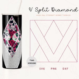 Peut inclure: Un gobelet droit mince de 20 oz noir et argent avec un motif en forme de diamant représentant un crâne et des roses. Le gobelet est présenté avec une paille. L'image comprend également un graphique d'une forme de diamant divisé, avec les mots "SVG, PNG, DXF" et "Deux versions" en dessous.
