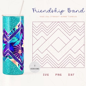 Könnte beinhalten: Ein türkisfarbener Glitzerbecher mit einem violetten und blauen geometrischen Muster und einem tropischen Blattdesign. Der Becher hat ein Fassungsvermögen von 20 oz und ein gerades, schlankes Design. Das Bild enthält auch eine Designvorlage mit einem geometrischen Muster in Schwarzweiß. Der Text "Friendship Band" befindet sich oben im Bild. Der Text "SVG, PNG, DXF" befindet sich unten im Bild.