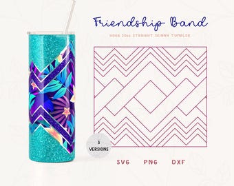 May include: A turquoise glitter tumbler with a purple and blue geometric pattern and tropical leaf design. The tumbler is 20 oz and has a straight skinny design. The image also includes a design template with a geometric pattern in black and white. The text "Friendship Band" is at the top of the image. The text "SVG, PNG, DXF" is at the bottom of the image.