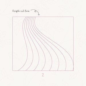 May include: A diagram showing a single cut line on a square piece of paper. The cut line is curved and creates multiple parallel lines when the paper is folded.