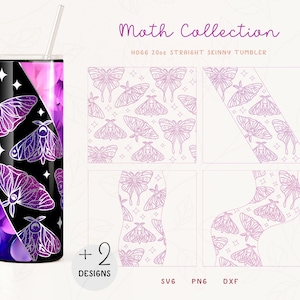 Può includere: Un set di due design per bicchieri skinny dritti da 20 oz con un motivo a falena. I design sono disponibili nei formati SVG, PNG e DXF. Il design del bicchiere presenta uno sfondo nero con un motivo a falena viola e bianco. Gli altri due design presentano uno sfondo bianco con un motivo a falena rosa e bianco.