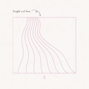 May include: A diagram showing a single cut line for a paper craft project. The cut line is curved and creates a series of parallel lines. The diagram is labeled "Single cut line" and "3".