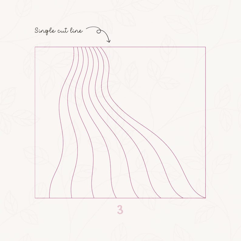 May include: A diagram showing a single cut line for a paper craft project. The cut line is curved and creates a series of parallel lines. The diagram is labeled "Single cut line" and "3".