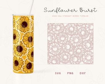 Sunflower Burst Tumbler Template Svg Cut File, 20oz Straight Skinny Hogg Tumbler Burst, SVG for Cricut, Silhouette, Floral Sublimation PNG