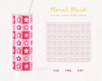 Könnte beinhalten: Ein 20oz gerader schlanker Becher mit einem rosa-weißen floralen Karomuster. Das Design zeigt ein sich wiederholendes Muster aus rosa und weißen Blumen auf einem weißen und rosa karierten Hintergrund. Der Becher ist mit einem Strohhalm abgebildet.