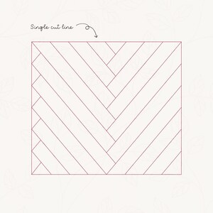 May include: A diagram showing a single cut line for a herringbone pattern. The pattern is made up of thin, parallel lines that intersect at an angle to create a chevron shape.