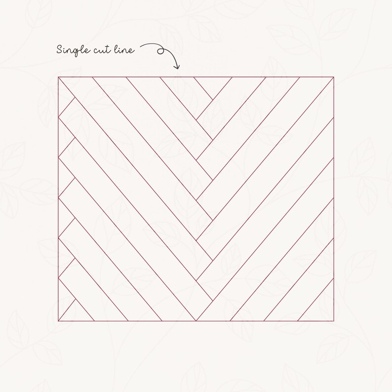 May include: A diagram showing a single cut line for a herringbone pattern. The pattern is made up of thin, parallel lines that intersect at an angle to create a chevron shape.