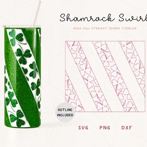 May include: A green 20 oz straight skinny tumbler with a shamrock swirl design. The design features white shamrocks on a green background. The tumbler is shown with a straw. The text "Shamrock Swirl" and "HOGG 20oz STRAIGHT SKINNY TUMBLER" is also included in the image.  OUTLINE INCLUDED, SVG, PNG, DXF.