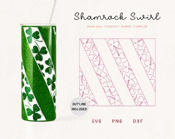 May include: A green 20 oz straight skinny tumbler with a shamrock swirl design. The design features white shamrocks on a green background. The tumbler is shown with a straw. The text "Shamrock Swirl" and "HOGG 20oz STRAIGHT SKINNY TUMBLER" is also included in the image.  OUTLINE INCLUDED, SVG, PNG, DXF.