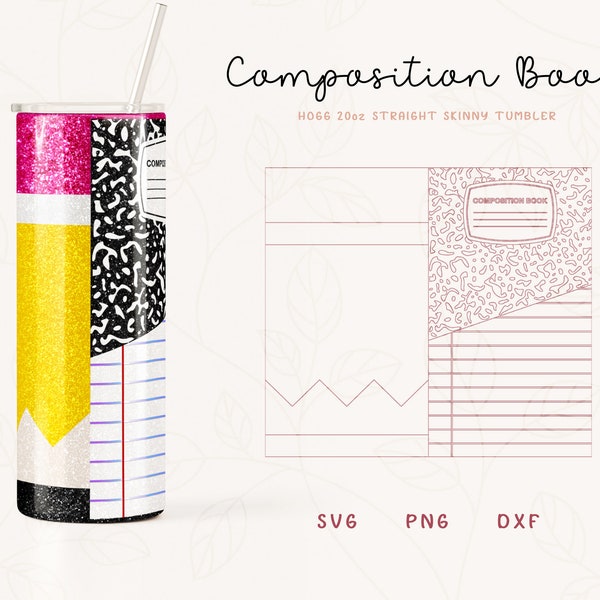 Composition Book Split Tumbler Template SVG for Hogg 20oz Straight Skinny | Pencil Template for Tumbler | Skinny Tumbler Sublimation PNG