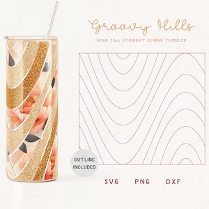 Può includere: Un bicchiere glitter oro e rosa con un design floreale. Il bicchiere ha una capacità di 20oz e un design dritto e sottile. Il testo "Groovy Hills" è nella parte superiore dell'immagine. Il testo "20oz Straight Skinny Tumbler" è sotto il testo "Groovy Hills". Il testo "Outline Included" è in un cerchio sotto il bicchiere. Il testo "SVG PNG DXF" è sotto il cerchio.
