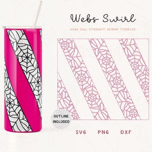 May include: A pink 20oz straight skinny tumbler with a black and white spiderweb design. The design is also available as a separate digital download in SVG, PNG, and DXF formats. "Outline Included" is written on a white circle.