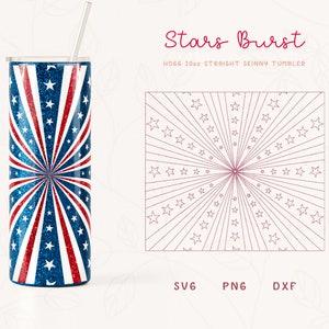 May include: A 20 ounce stainless steel tumbler with a red, white, and blue starburst design. The tumbler is a straight skinny style and has a straw.