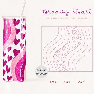 May include: A pink and white 20oz straight skinny tumbler with a groovy heart design. The design features pink and white hearts and wavy lines. The tumbler is shown with a straw. "OUTLINE INCLUDED" is written on a white circle in the image. "SVG, PNG, DXF" is written below the tumbler.