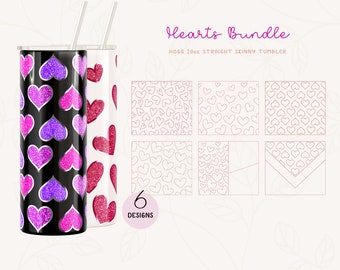 May include: Six different designs for a 20oz straight skinny tumbler featuring hearts. The designs include a black tumbler with pink and purple glitter hearts, a white tumbler with red glitter hearts, and four designs with white outline hearts on a white background.