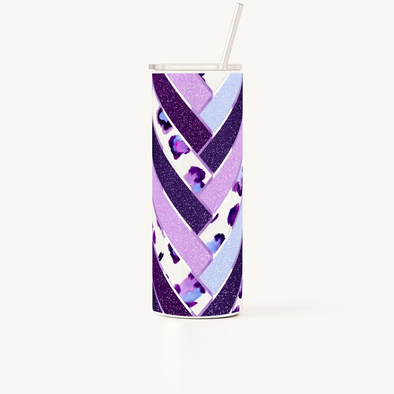 May include: A purple and white stainless steel tumbler with a glitter finish and a chevron pattern. The tumbler has a straw and a lid.