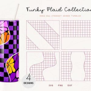 4-Design Plaid Collection | Split Tumbler Template SVG, DXF for Hogg 20oz Straight Skinny | Burst Template for Tumbler | Commercial Use
