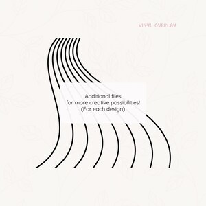 May include: Black and white abstract design with curved lines. The design is labeled "Vinyl Overlay". The text "Additional files for more creative possibilities! (For each design)" is also included.