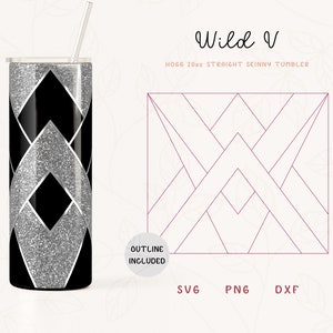 May include: A black and silver tumbler with a geometric pattern. The tumbler is 20 oz and has a straight skinny design. The text "Wild V" is written above the tumbler. The text "HOGG 20oz STRAIGHT SKINNY TUMBLER" is written below the tumbler. The text "OUTLINE INCLUDED" is written in a circle below the tumbler. The text "SVG PNG DXF" is written below the tumbler.