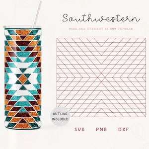 May include: A 20oz straight skinny tumbler with a Southwestern design. The tumbler features a geometric pattern in teal, brown, white, and orange with glitter accents. The design includes the text "Southwestern" and "HOGG 20oz STRAIGHT SKINNY TUMBLER".