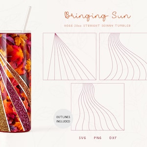 May include: A 20oz straight skinny tumbler with a design of fall leaves and glitter. The tumbler is shown with a straw. The design is also available as a digital download in SVG, PNG, and DXF formats. "Outlines Included" is written on the image.
