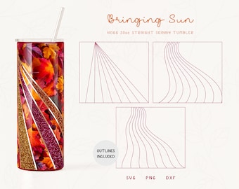 May include: A 20oz straight skinny tumbler with a design of fall leaves and glitter. The tumbler is shown with a straw. The design is also available as a digital download in SVG, PNG, and DXF formats. "Outlines Included" is written on the image.