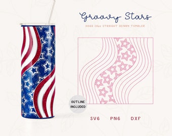Groovy Stars Burst Tumbler-mall SVG för Hogg 20oz rak smal tumbler | 4 juli virvelmall för tumblers | Skinny Tumbler Png