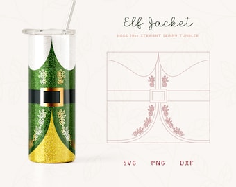 May include: A green and gold glitter tumbler with an elf costume design. The tumbler is 20 oz and has a straight skinny shape. The design includes a green hat, a green jacket with gold trim, a black belt with a gold buckle, and gold glitter pants. The text "Elf Jacket" and "HOGG 20oz STRAIGHT SKINNY TUMBLER" is printed on the image.
