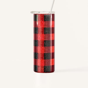 May include: A red and black glitter tumbler with a straw. The tumbler has a buffalo plaid pattern.