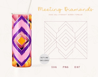 May include: A 20oz straight skinny tumbler with a geometric design featuring pink, purple, and orange colors. The design is a repeating pattern of diamonds. The tumbler is shown with a straw. The text "Meeting Diamonds" and "HOGG 20oz STRAIGHT SKINNY TUMBLER" is also shown in the image. The text "OUTLINE INCLUDED" is shown in a circle. The text "SVG, PNG, DXF" is also shown in the image.