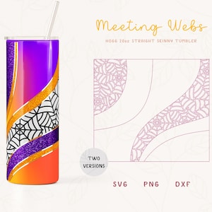 May include: A 20oz straight skinny tumbler with a design of a spider web in purple, orange, and gold glitter. The design is available in two versions, one with a solid background and one with a white background. The tumbler is perfect for adding a spooky touch to your Halloween decor.