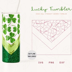 May include: A green glitter tumbler with a shamrock design and a green and white chevron pattern. The tumbler is 20 oz and is a straight skinny style. The text "Lucky Tumbler" is written in green cursive above the tumbler. The text "HOGG 20oz STRAIGHT SKINNY TUMBLER" is written in black below the tumbler. The text "OUTLINE INCLUDED" is written in white on a circle with a green outline. The text "SVG PNG DXF" is written in black below the tumbler.