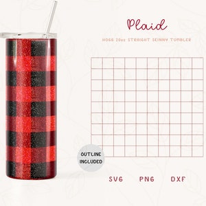 May include: Red and black plaid skinny tumbler with glitter. The tumbler is 20 oz and has a straw. The design includes an outline.